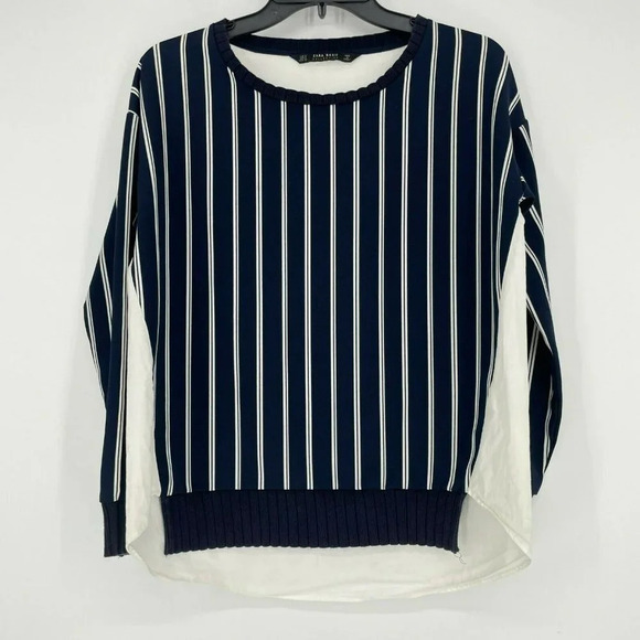 Zara Basic Blouse Womens Sz S Black White Striped Crew Neck Pullover Long Sleeve - Picture 1 of 9